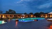 The view of the property in the evening hours