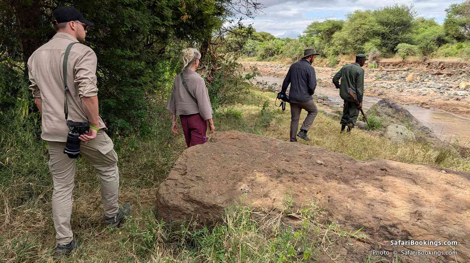 Travelers follow the guide on a walking safari