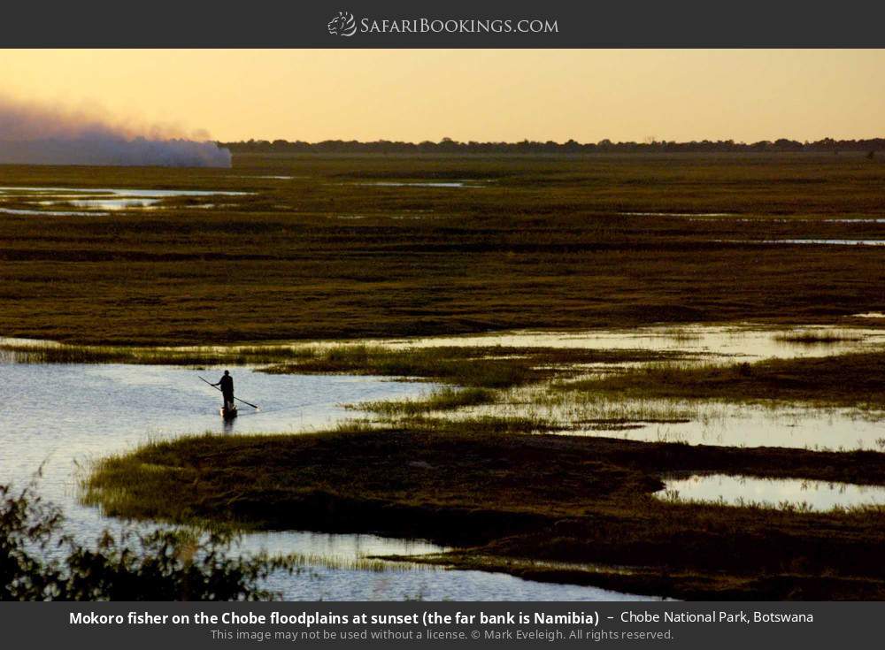 Mokoro fisher on the Chobe floodplains at sunset with Namibia on the far bank in Chobe National Park, Botswana