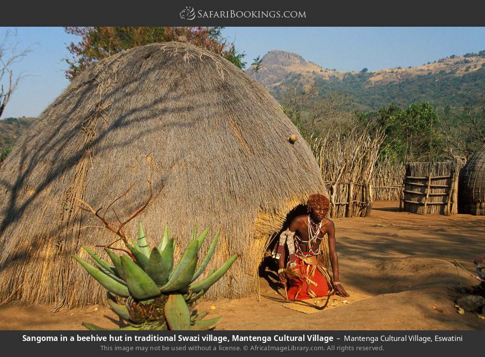 Sangoma in a beehive hut in traditional Swazi village, Mantenga Cultural Village in Mantenga Cultural Village, Eswatini