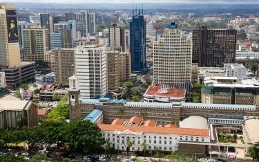 City view from the Kenyatta International Convention Centre with the Nairobi City Council in front