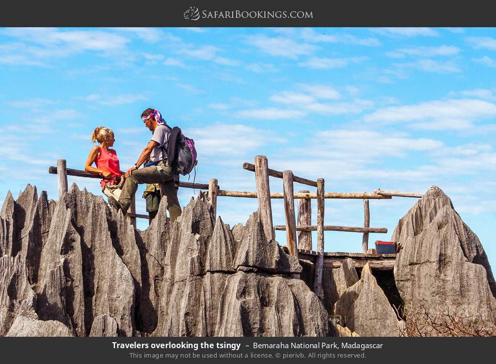 Travelers overlooking the tsingy in Bemaraha NP in Bemaraha National Park, Madagascar
