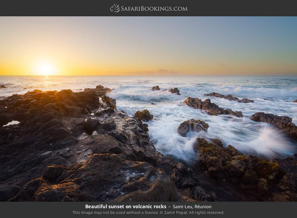 Beautiful sunset on volcanic rocks at Saint-Leu in Saint-Leu, Réunion