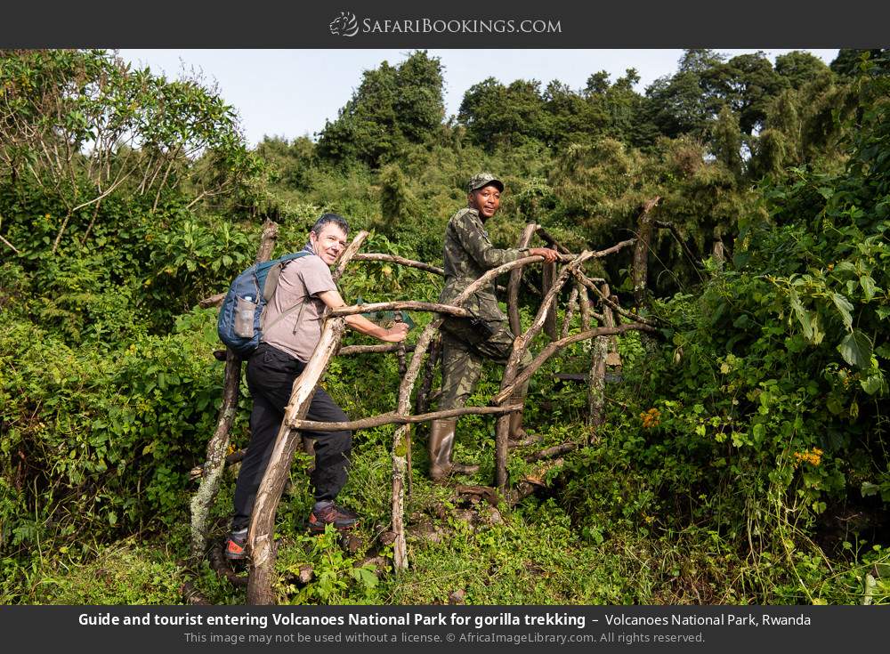 Guide and visitor entering Volcanoes NP to go gorilla trekking in Volcanoes National Park, Rwanda