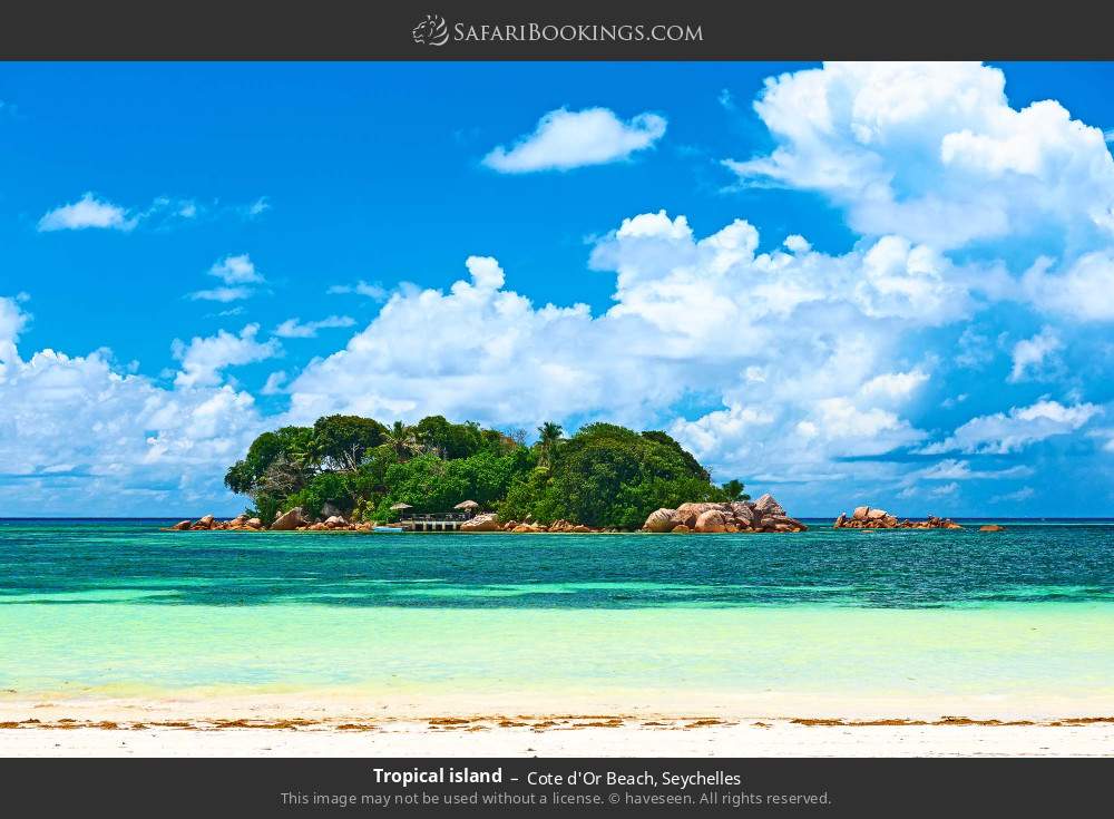 View of Chauve Souris Island from Cote d'Or Beach in Cote d'Or, Seychelles