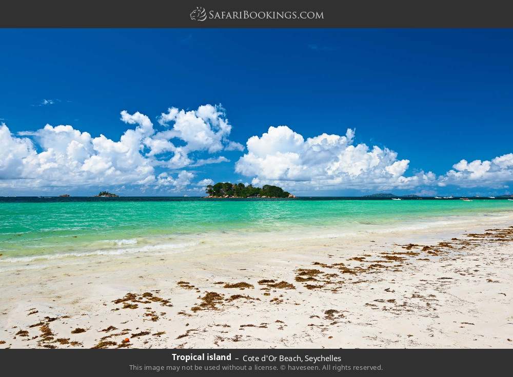 View of Chauve Souris Island from Cote d'Or Beach in Cote d'Or, Seychelles