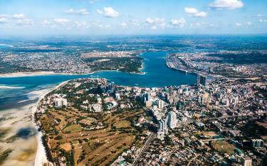 Aerial view over the city and harbor